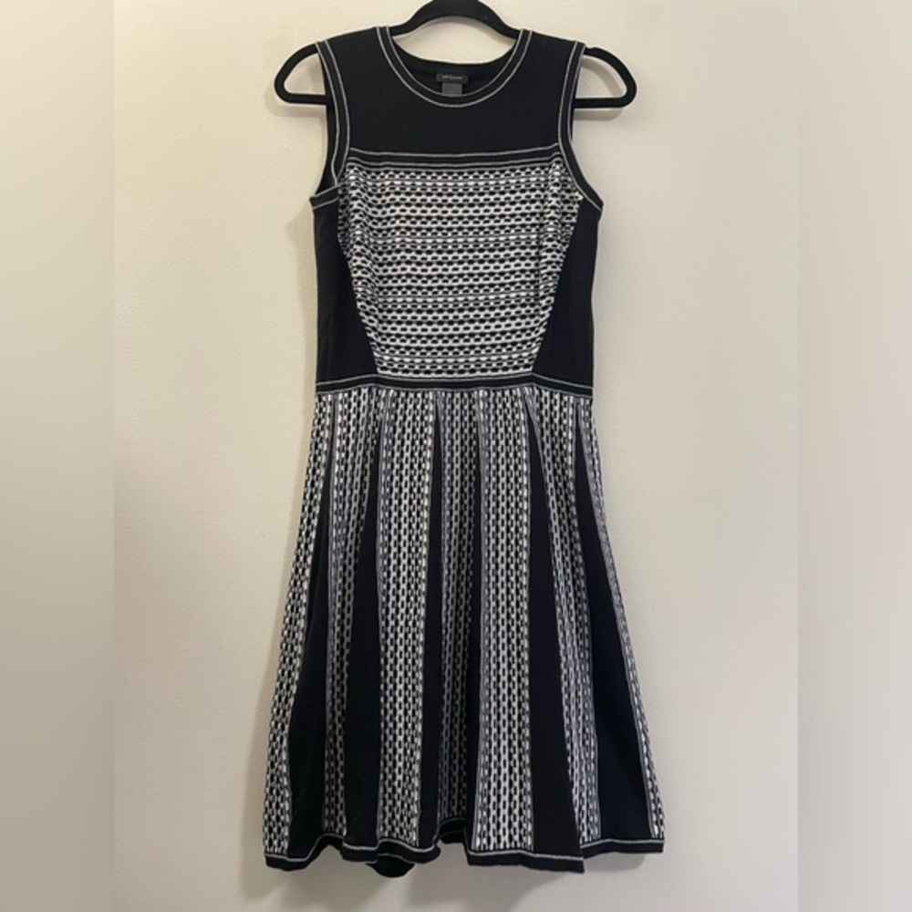 Ann Taylor Sleeveless Pleated Sweater Dress in Black and White - S‎